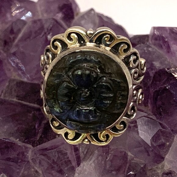 Carved Tanzanite Gemstone Flower Sterling Silver Asian Style Beautiful Ring Sz 6 - Picture 5 of 8